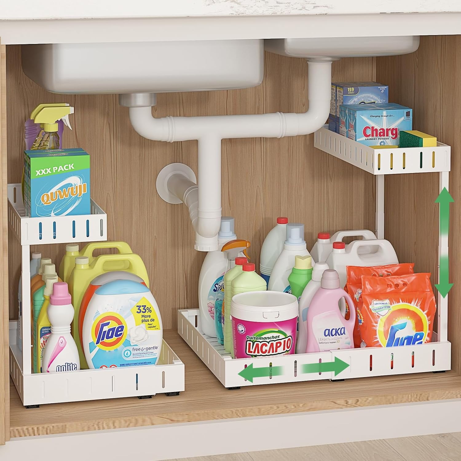 Under Sink Organizer, 2 Tier Expandable Under Cabinet Organizer, Heights Adjustable Pull Out Storage for Kitchen Bathroom Laundry, White, 2 Pack