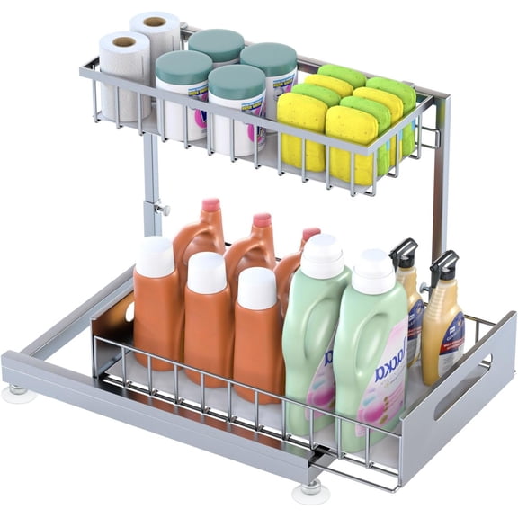 Under Sink Organizer 2-Tier Metal Pull-Out Cabinet with Sliding Drawer Height Adjustable Heavy Duty Grey