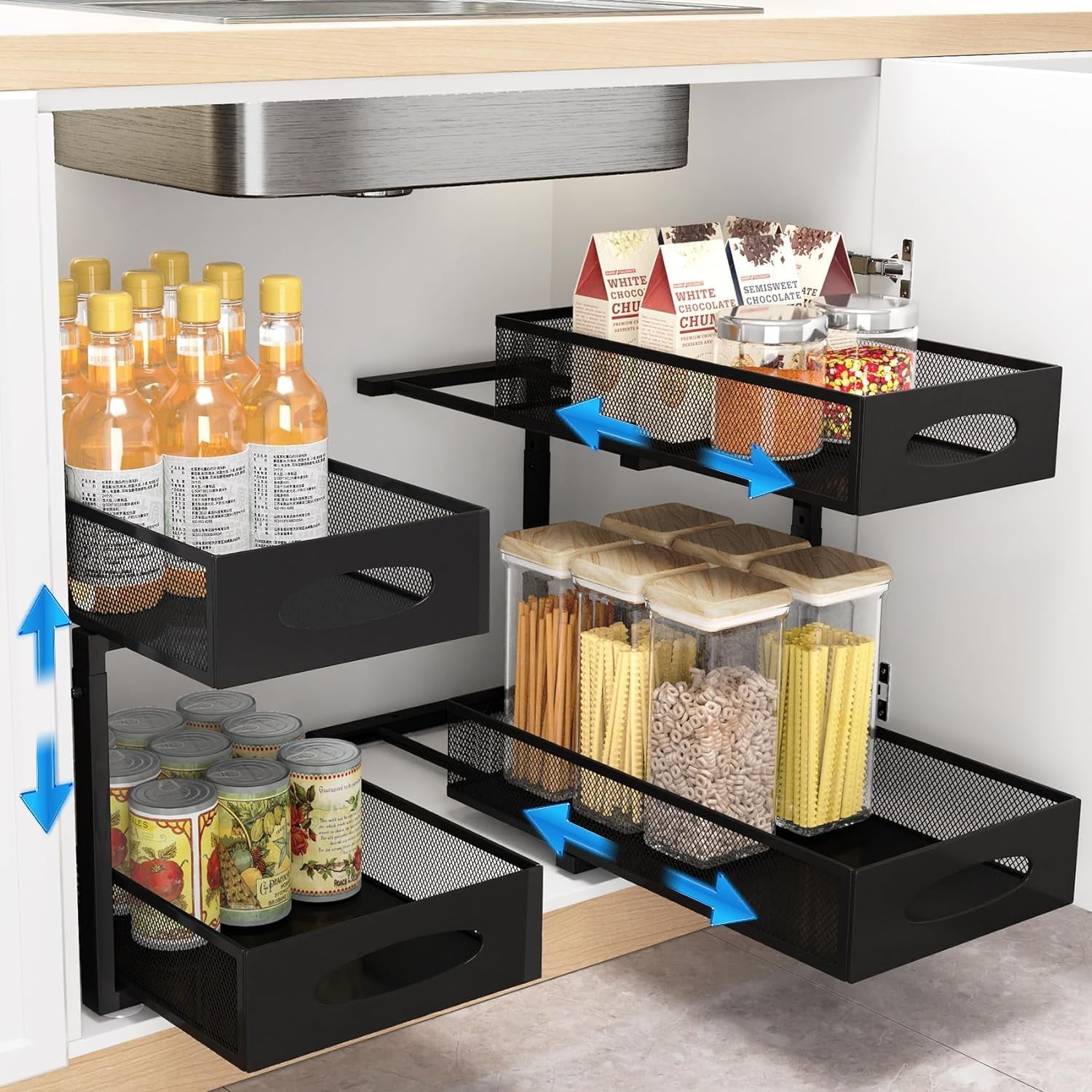Antom 2-Tier Under Sink Organizer with Sliding Shelf, Multi-Purpose Under Cabinet Basket for Bathroom Kitchen(Black-2 Pack)