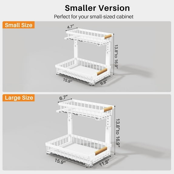 Under Sink Organizer, 2 Tier Pull Out, Adjustable Height, White(S)