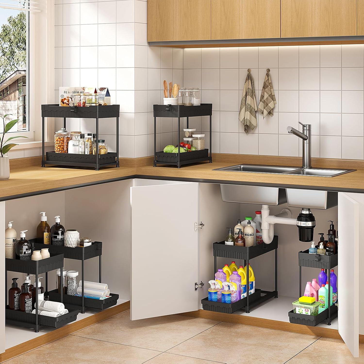 Under Sink Organizer, 2 Tier Pull Out Cabinet Organizer with Hang Hooks and Cups (Black, 4 Pack)