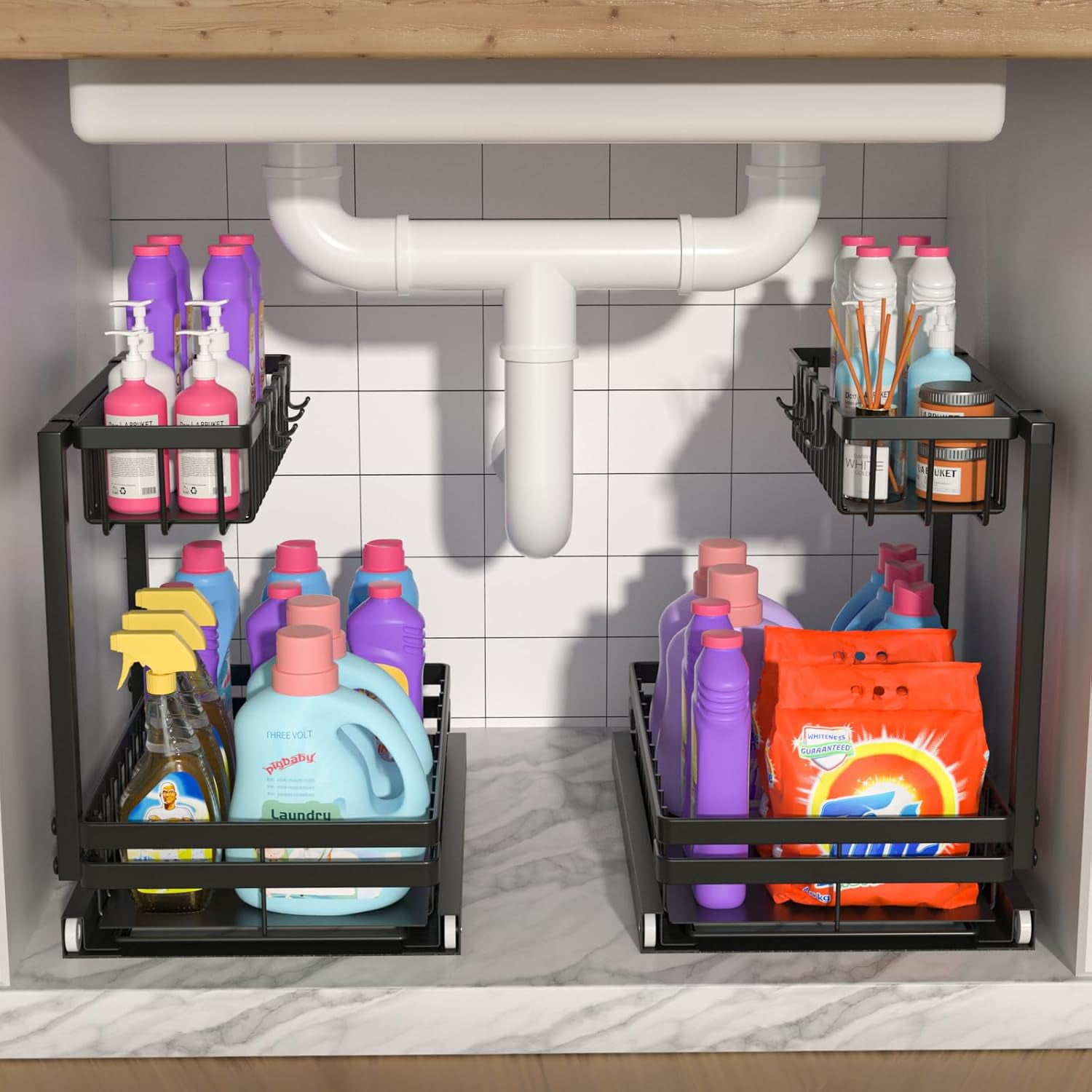 Under Sink Organizer 2 Tier Slide Out Under Sink Shelf Cabinet Storage Shelf Under Sink Storage ...