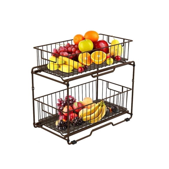 Under Sink Organizer, 2 Tier Sliding Cabinet Basket with Pull Out Drawers, Bronze Metal Storage Rack for Kitchen Bathroom and Pantry, Medium