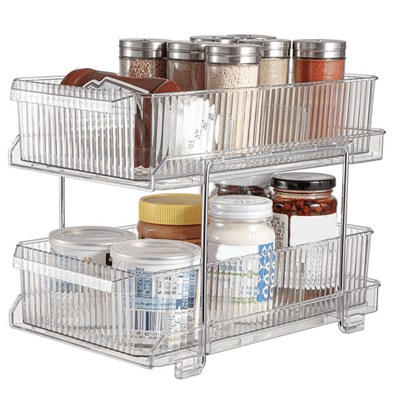 Under Sink Organizer, 2 Tier Sliding Pantry Organizers and Storage for Kitchen, Bathroom, Dorm, Transparent, Acrylic