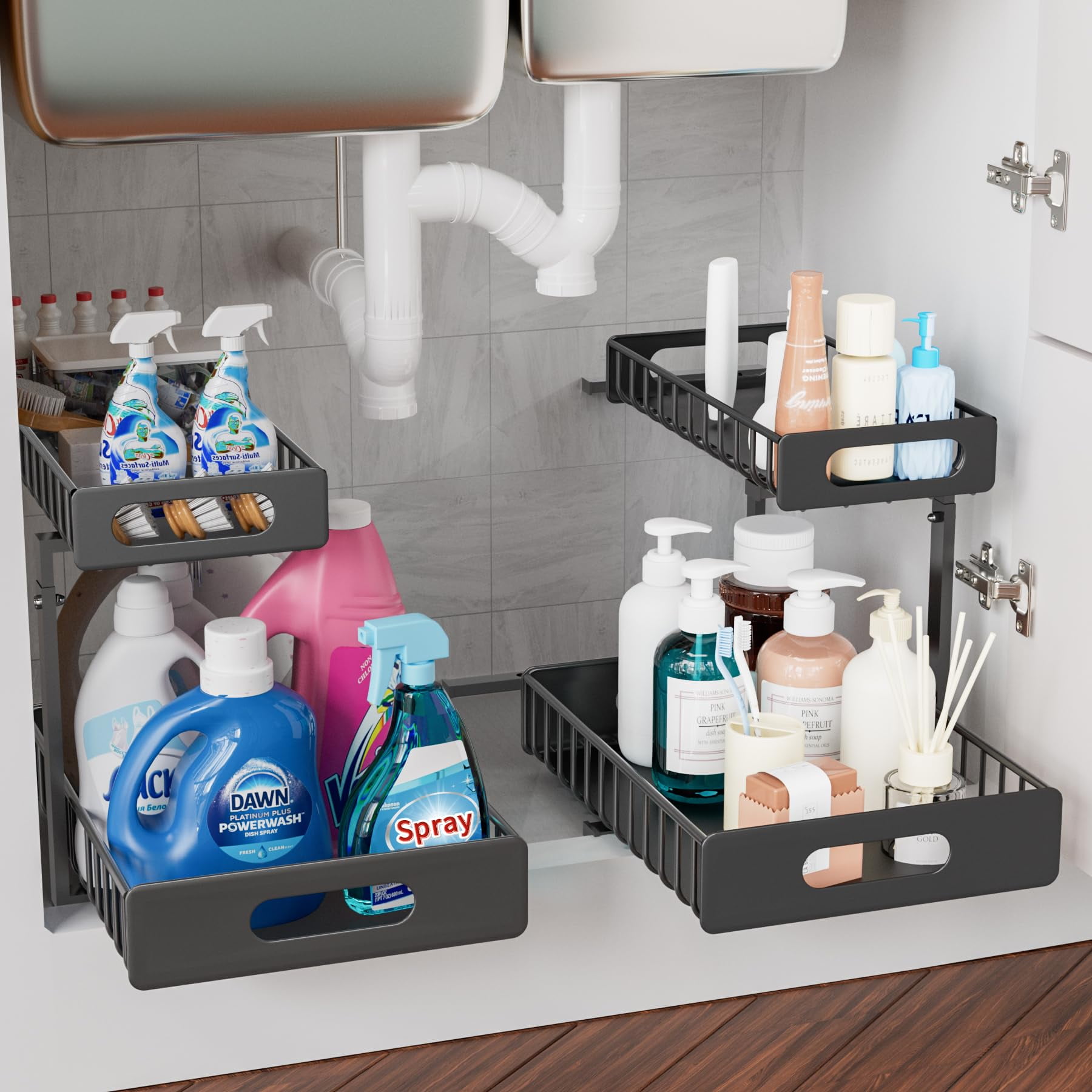 Under Sink Organizer 2 pack, 2 Tier Slide Out Under Kitchen Sink ...