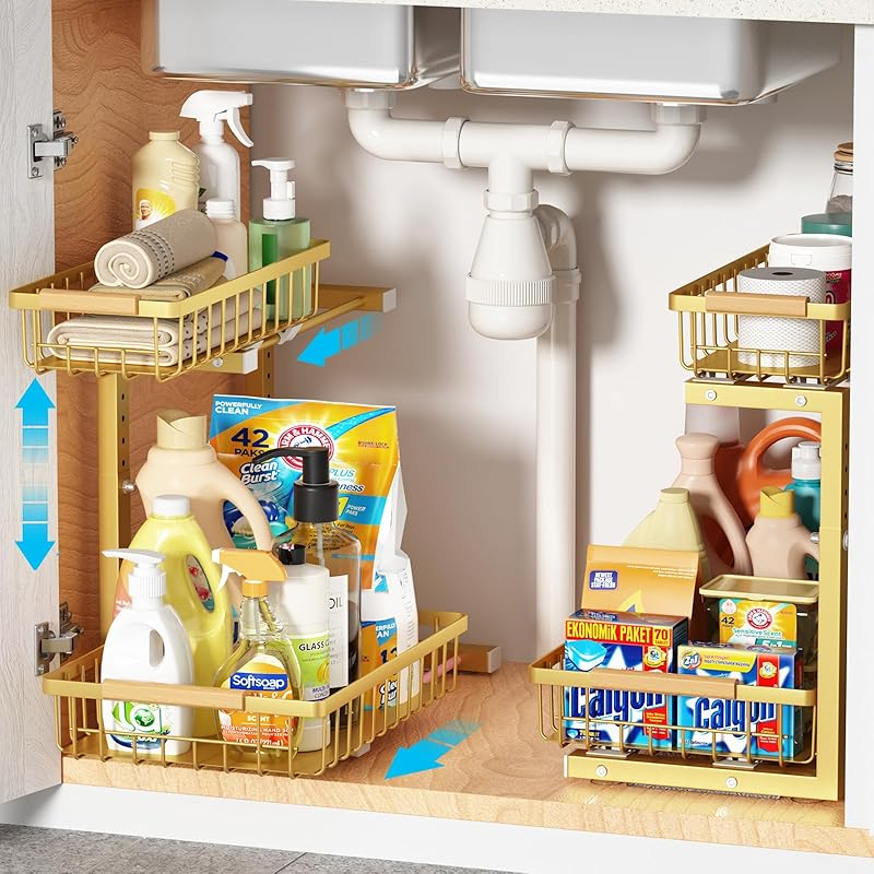 Under Sink Organizer 2 pack, 2 Tier Slide Out Under Sink Organizers And