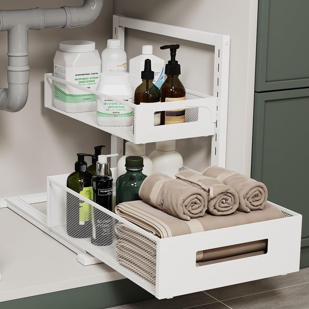 Under Sink Organizer Adjustable Height 2 Tier Bathroom Pull Out Cabinet Organer kitchen organizers and storage fridge storage,White,XL-1 Pack