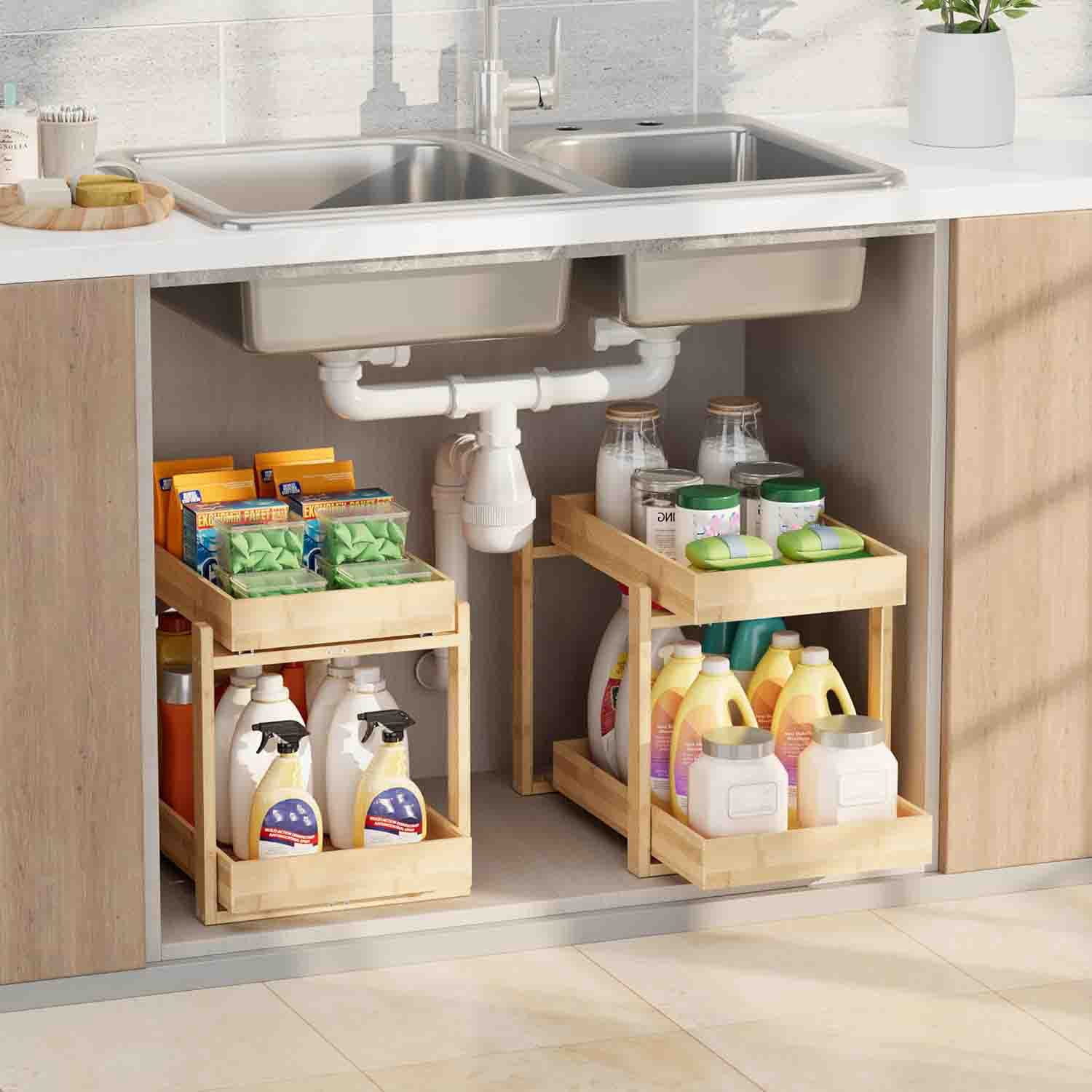 Under Sink Organizer, Bamboo Wooden 2-Tier Pull-Out Storage with Sliding Drawers for Kitchen and Bathroom Cabinets, Easy Installation