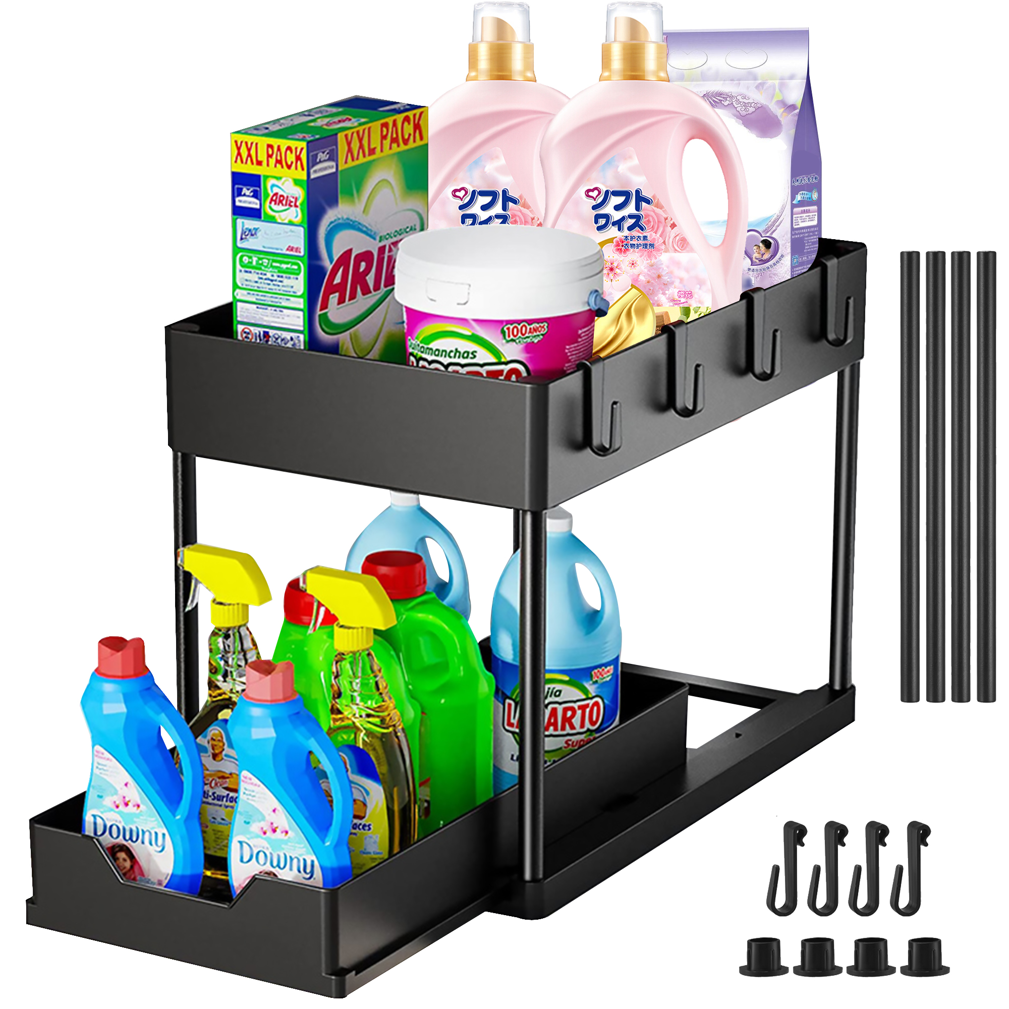 Under Sink Organizer, Bathroom Cabinet Organizer, 2 Tier Organizer Drawer with 4 Hooks & Sliding Cabinet Basket - Kitchen Organizer for Sink, Bathroom, Tabletop (Black)