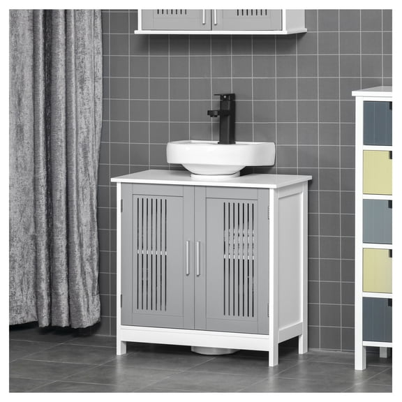 Under Sink Organizer, Bathroom Pedestal Sink Cabinet with Adjustable Shelf, Gray White Storage