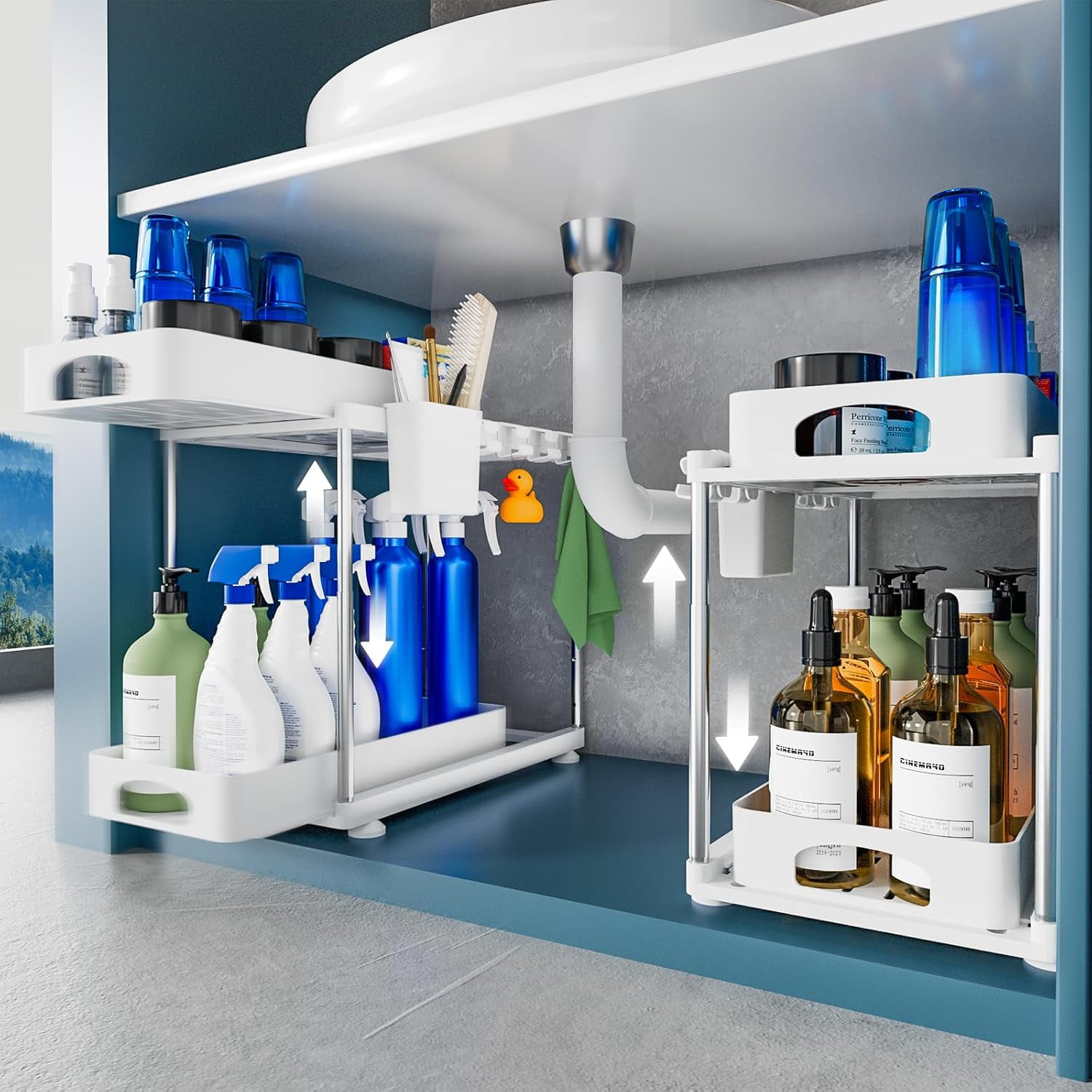 Under Sink Organizer, Double Sliding Cabinet Organizer, 2 Tier Height Adjustable Countertop Organizer, White