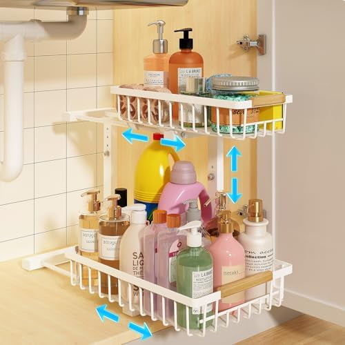 Under Sink Organizer, Height Adjustable Under Sink Organizers and Storage, 2 Tier Pull Out Drawer Cabinet Storage for Kitchen Bathroom, 1 Pack, White