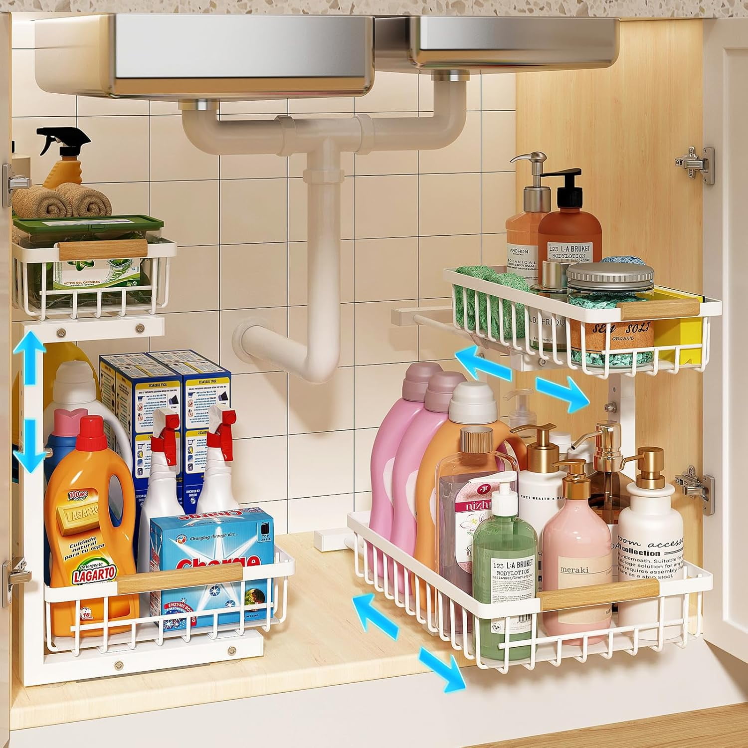 Under Sink Organizer, Height Adjustable Under Sink Organizers and Storage, 2 Tier Pull Out Drawer Cabinet Storage for Kitchen Bathroom, 2 Pack, White