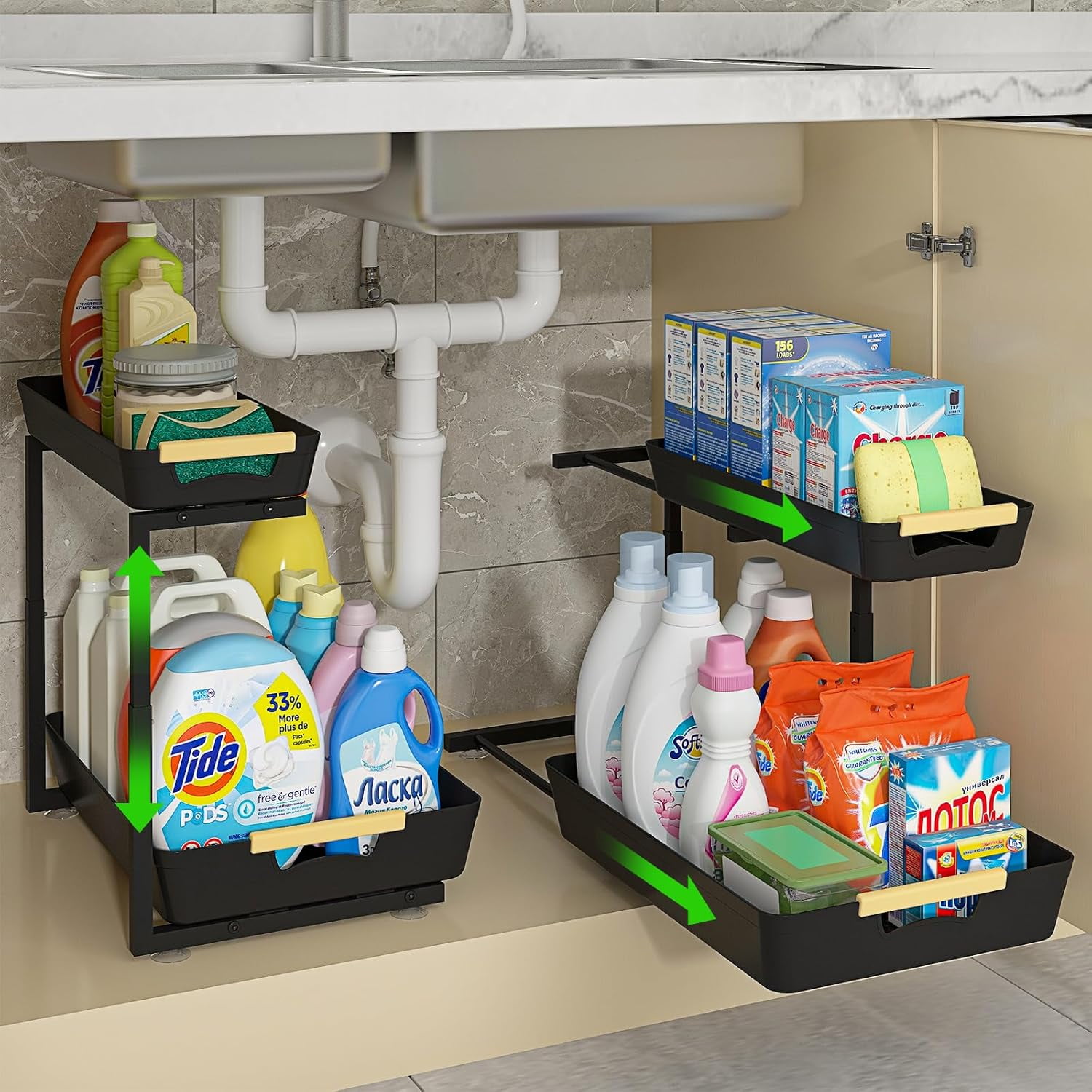 Under Sink Organizer, L-shape Pull Out Cabinet Organizer Adjustable ...