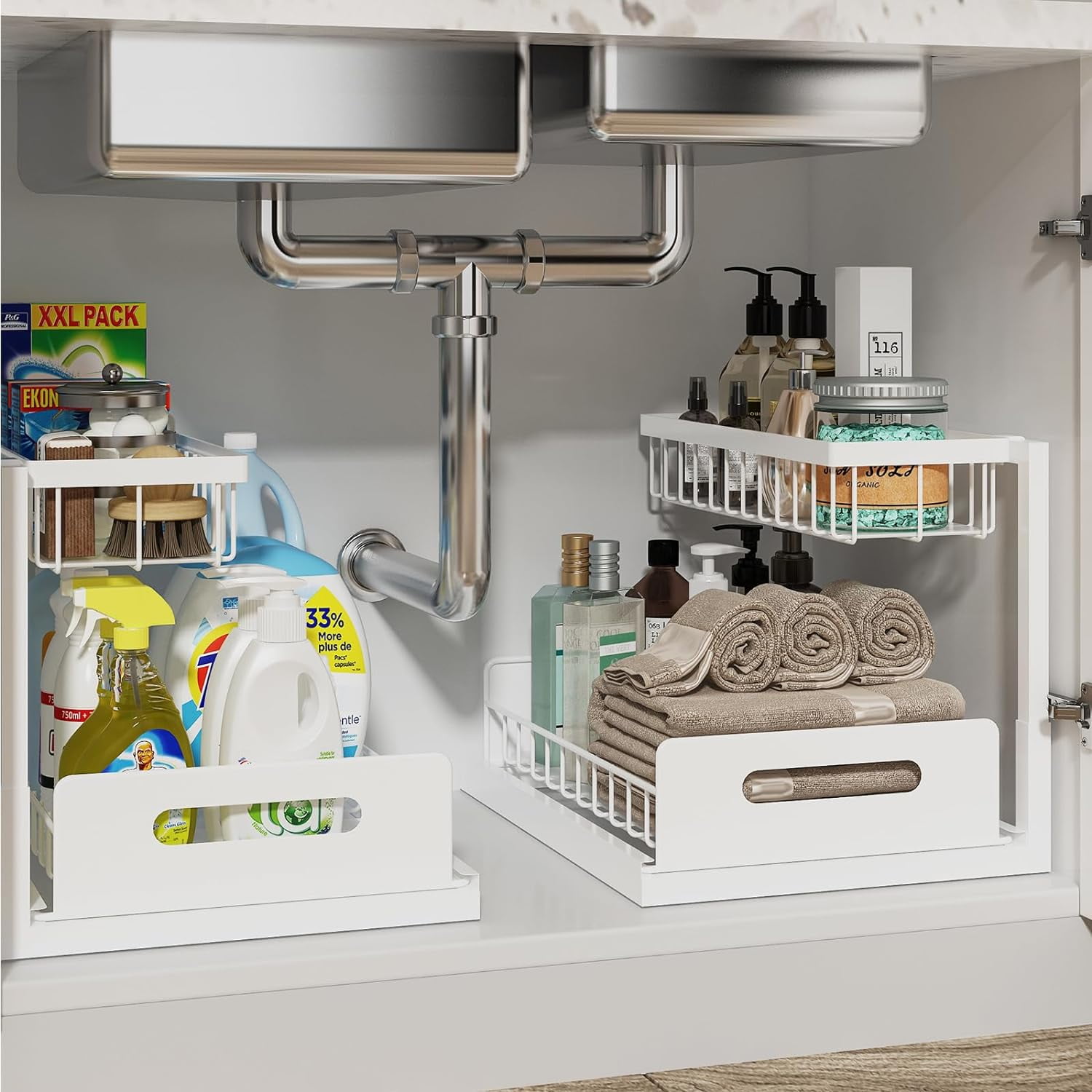 Under Sink Organizer, Pull Out Cabinet Organizer 2 Tier Slide Out Sink Shelf Cabinet Storage ...