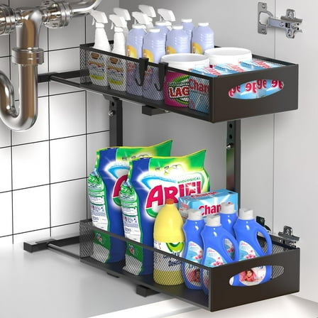 Under Sink Organizer, Pull Out Cabinet Storage 2 Tier Slide Out Sink Shelf, Kitchen Organizers and Storage, Black, 1 Pack