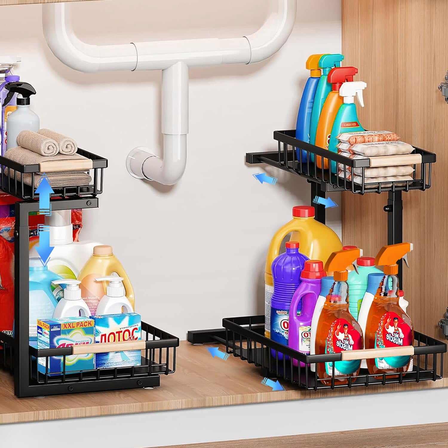 Under Sink Organizer and Storage: 2 Pack Adjustable Height 2-Tier Under ...