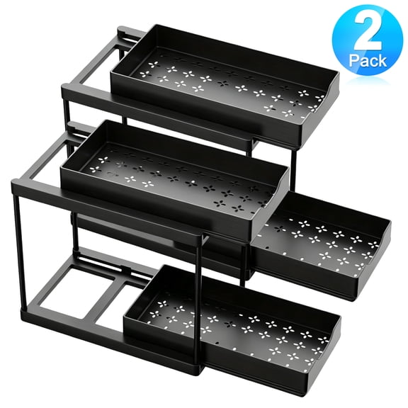 2 Pack Under Sink Organizer, 2-Tier Pull Out Spice Rack Organizer for Cabinet, Spice Rack Slide Out Drawer, Cabinet Storage Drawer Organizer and Storage for Kitchen Bathroom
