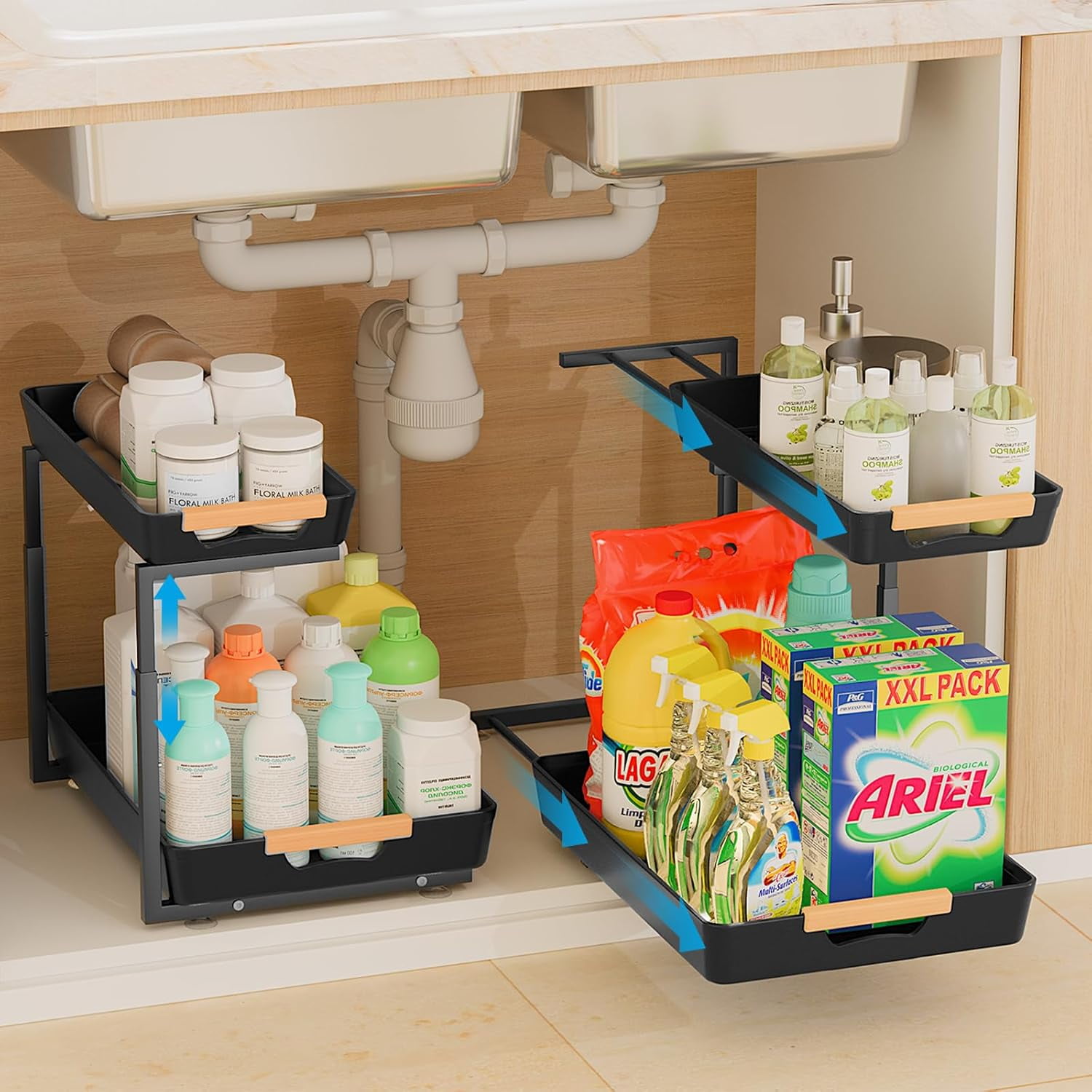 Under Sink Organizer and Storage, 2 Pcs Height Adjustable Under Kitchen ...