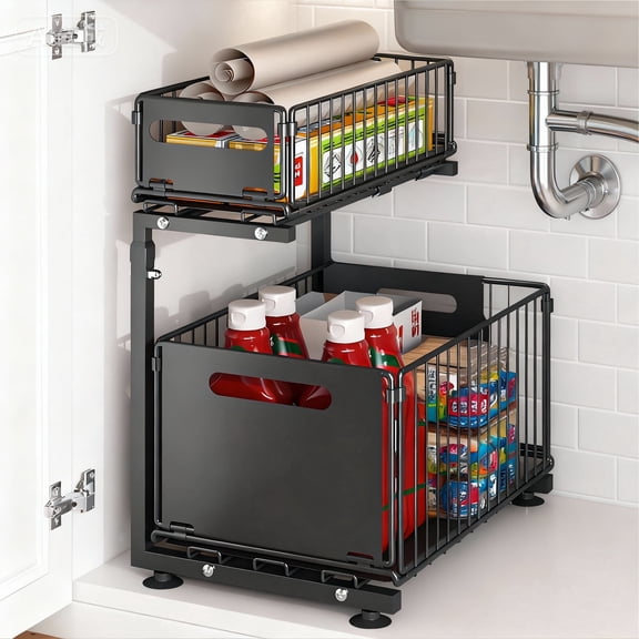 2-Tier L-Shape Under Sink Organizer, Metal Pull Out Cabinet Storage with Sliding Drawer, Adjustable Height for Kitchen and Bathroom