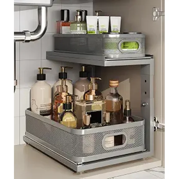 Under Sink Organizer with Ball-Bearing Slides 2-Tier Precision Mesh Pull Out Cabinet Storage Height Adjustable Drawers Shelf Gun Gray