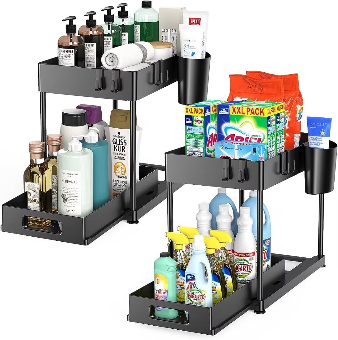Under Sink Organizers Bathroom Organizers and Storage, 2 Pack Large Capacity Heavy Load Pull-out Under Sink Shelves with Sliding Drawer for Kitchen and Bathroom, Black