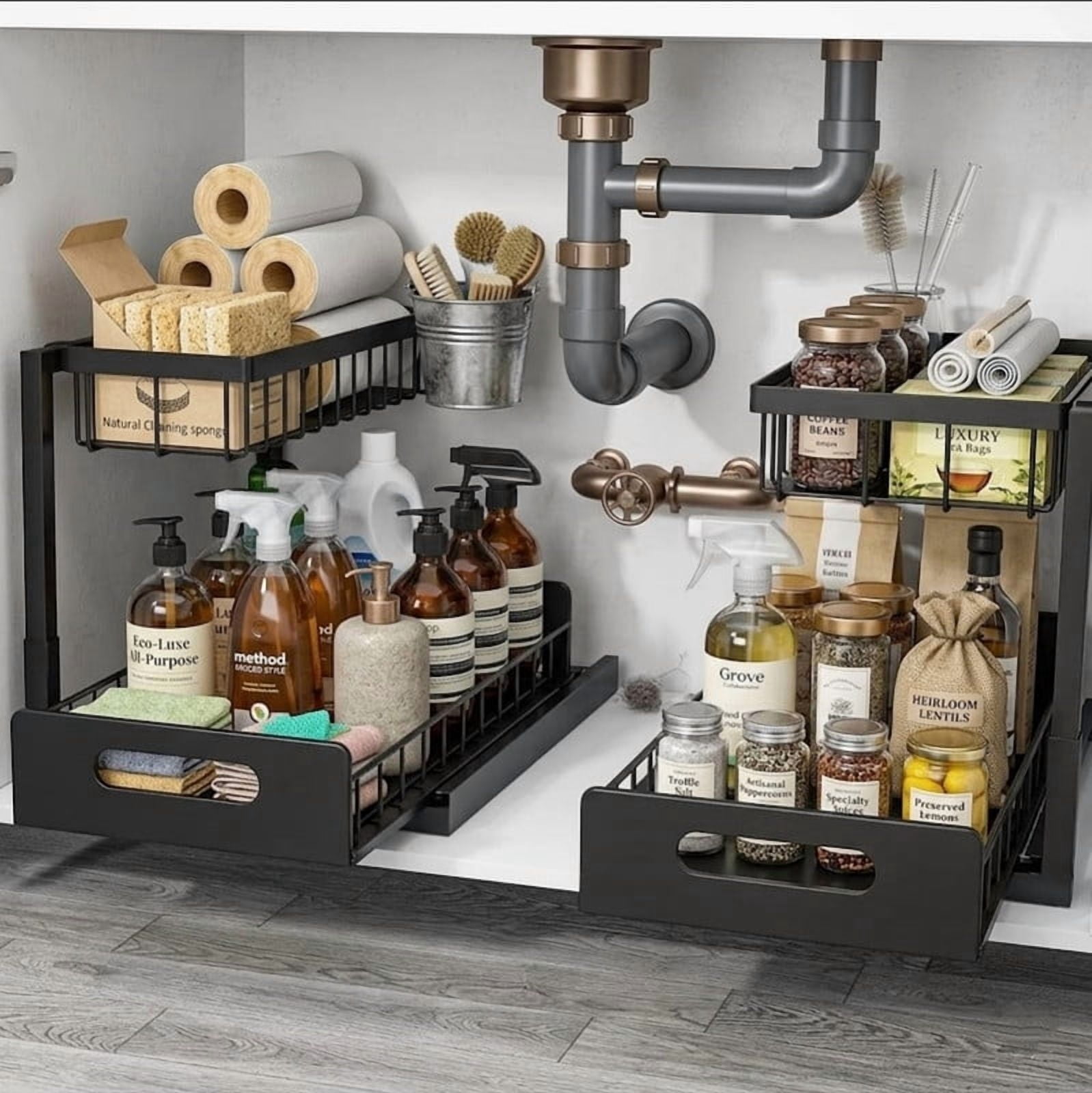 Under Sink Organizers Storage, 2 Tier Under Cabinet Organizer Shelf, Pull Out Kitchen Bathroom Sink Organizer Storage Organization, 2 Pack