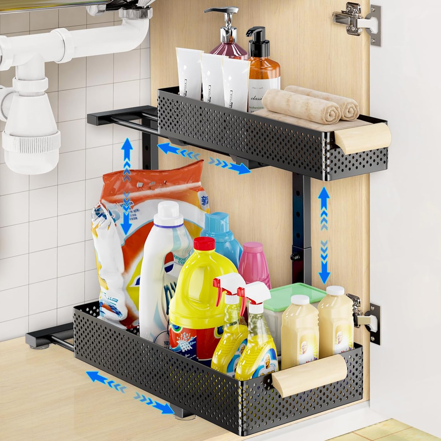 Under Sink Organizers and Storage, 5 Height Adjustable Kitchen Cabinet ...