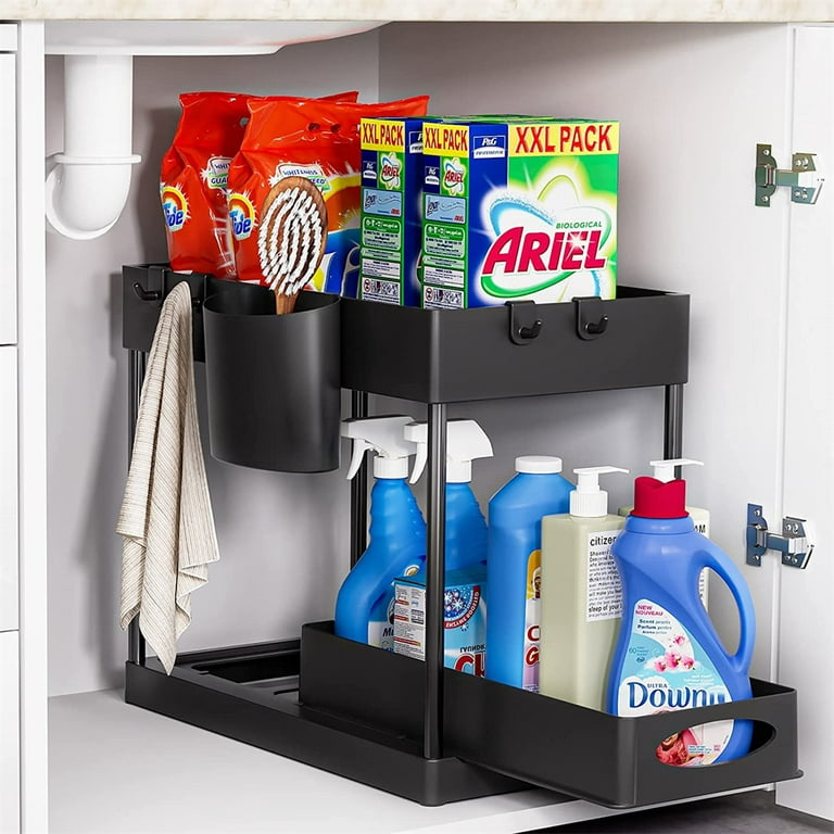 Under Sink Organizers and Storage Pull Out Sliding Drawers,2 Tier Under  Sink Organizers with Sliding Drawer 4 Hook 1 Cup, Black Under Sliding  Cabinet