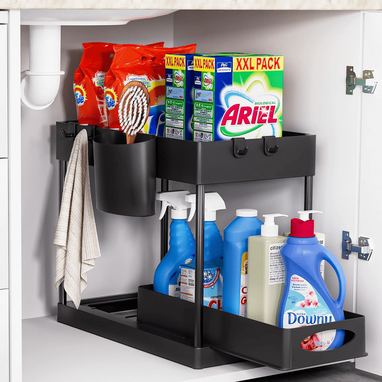 Adjustable Height Under Sink Organizers and Storage, 2 Tier Slide Out Shelf  Under Cabinet Kitchen Storage with 4 Hooks, Pull Out Under Sink Organizer