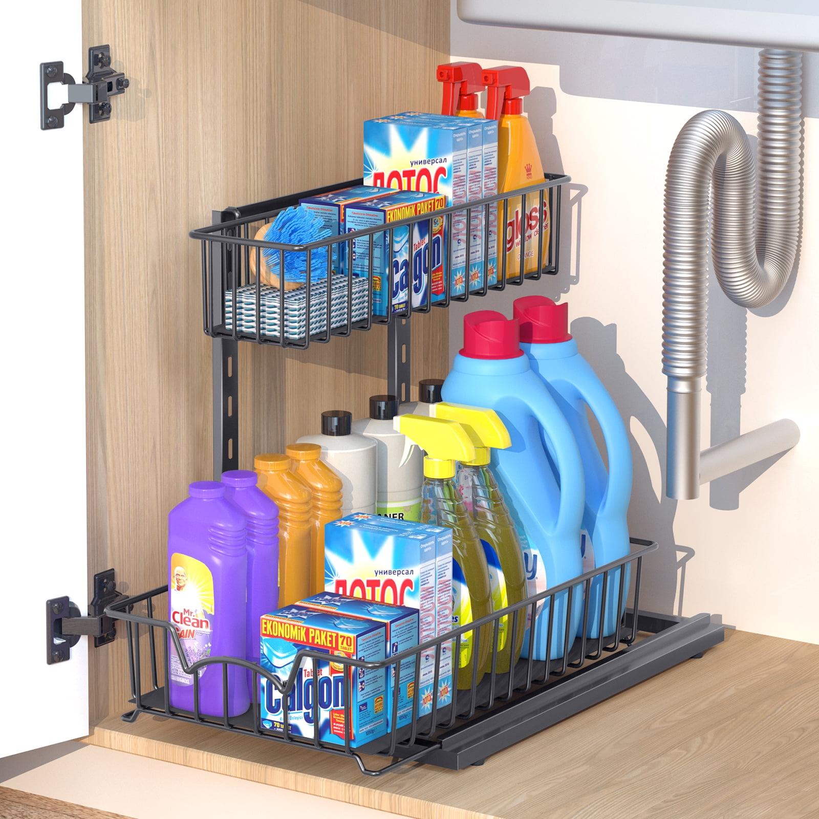 2-Tier Metal Under Sink Organizer, Pull Out Cabinet Organizer Sliding ...