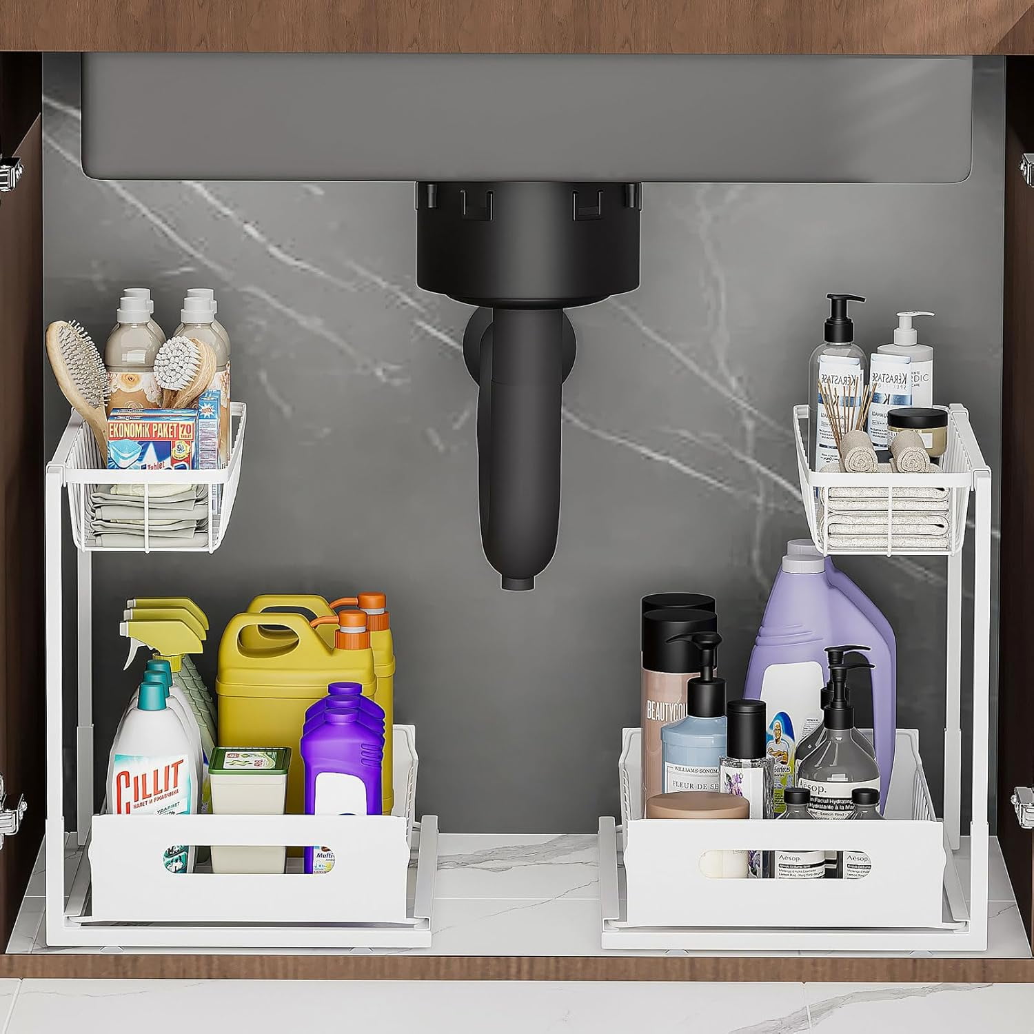 Under Sink Organizers and Storage 2 Tier Slide Out Kitchen Cabinet Organizer Sturdy Metal Bathroom Storage (White, 2 Pack)