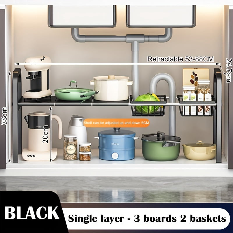 Under Sink Organizers and Storage Metal Under Sink Organizers and Storage Expandable Shelf for Kitchen Bathrooms Cabinet_3 Boards ,2 Baskets