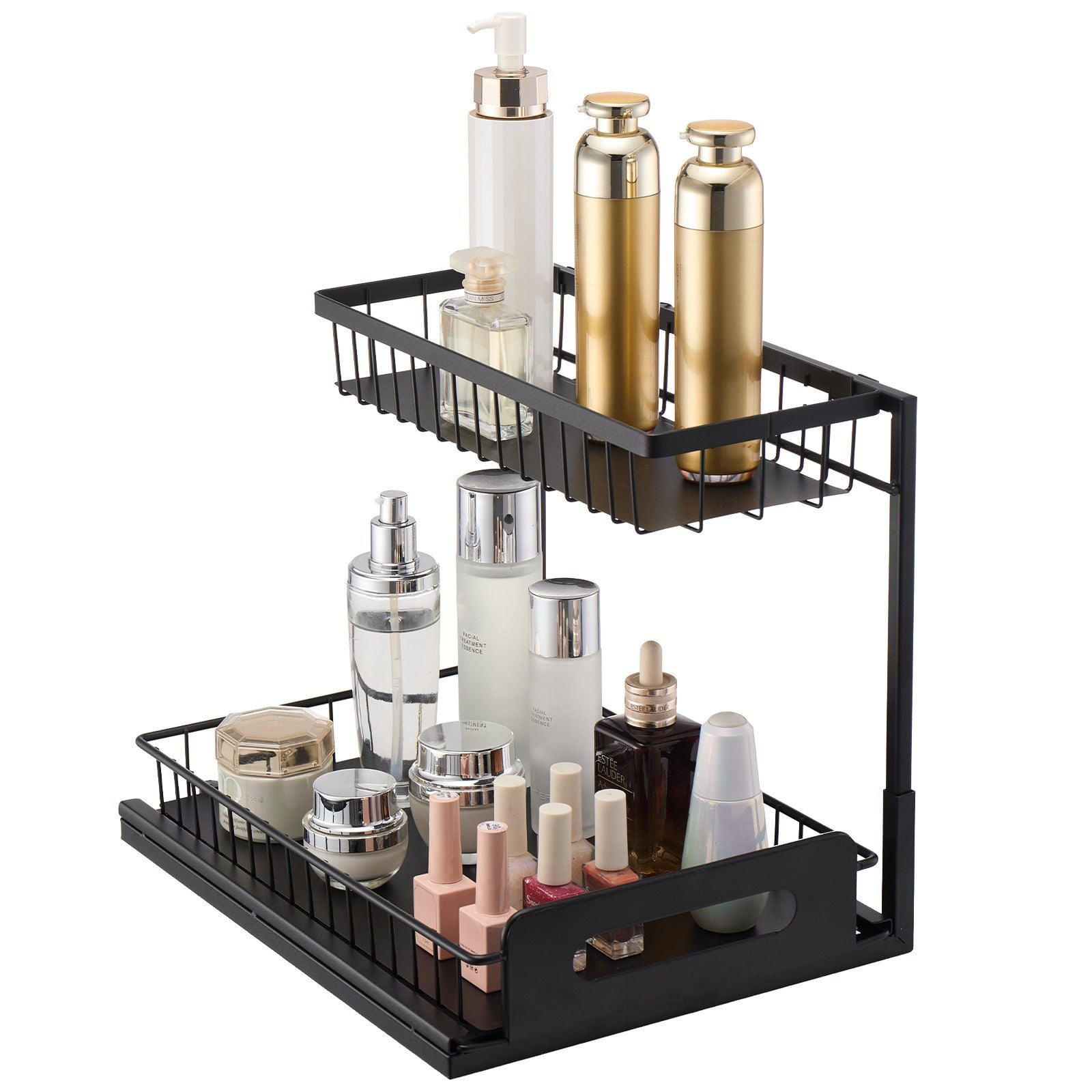 Under Sink Pull Out Organizer, 2-Tier 10.7”x14.2” Wire Drawer Basket for Cabinet Storage – Durable & Easy Install