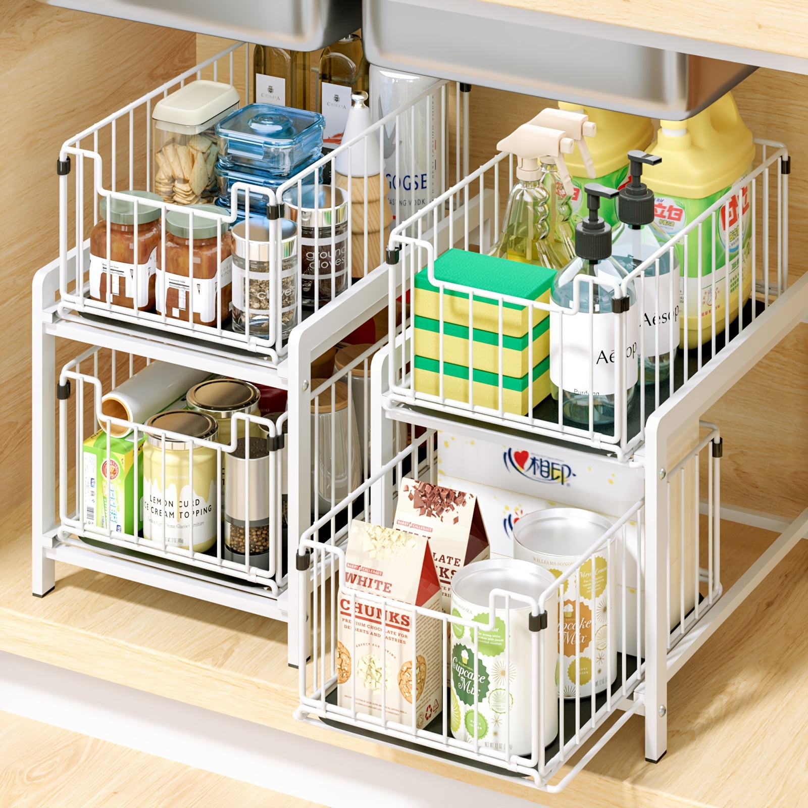 Under Rack Sweepers Under Sink Sliding Organizer - 2 Adjustable Metal Tiers, Smooth Gliding ...