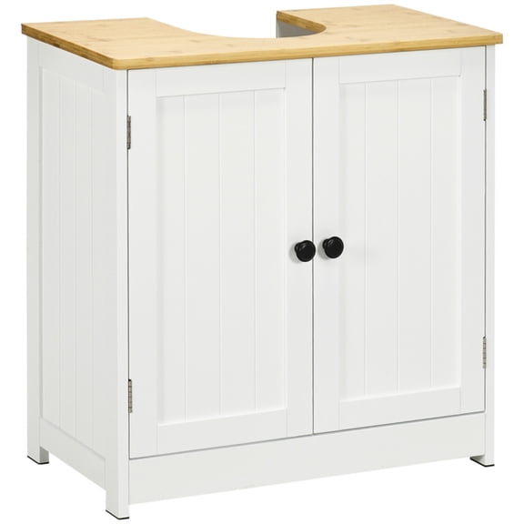 Under Sink Storage Cabinet for Pedestal Sink, Double Doors, Adjustable Shelf, White/Dark Walnut, 23.5"W