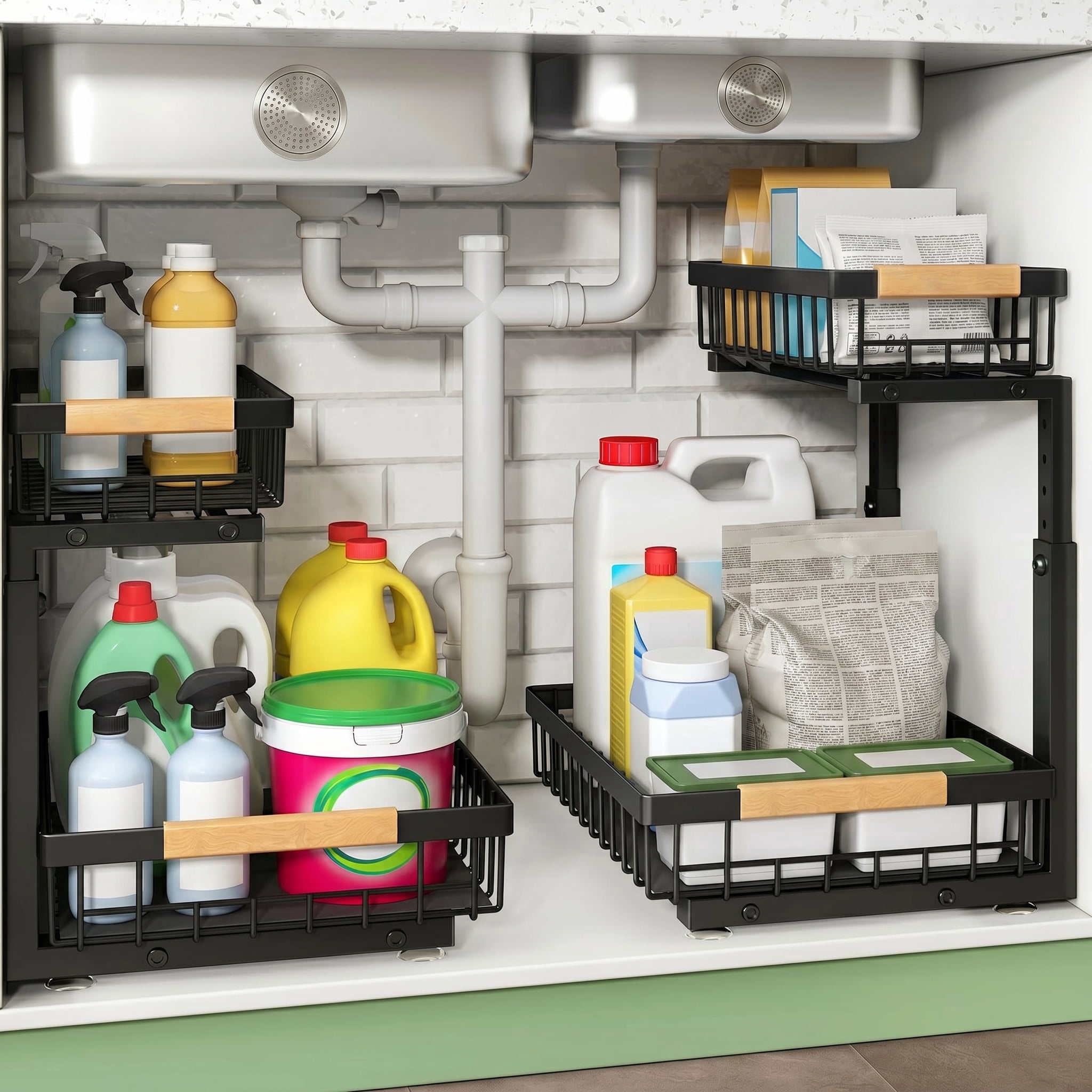 View of Under Sink Storage Organizer 2 Pack, 2 Tier Sliding Drawer Organizer ...