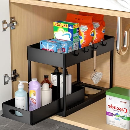 Under Sliding Cabinet Basket Organizer, 2 Tier Under Sink Organizers Black Under Sink Storage for Bathroom Kitchen