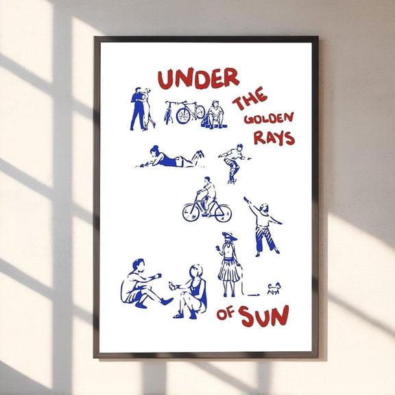 Under The Golden Rays Of Sun Poster – Summer Lifestyle Sketch Art, Retro Blue & Red Beach Decor Li-T11-254, Unframed Poster Size 8x12