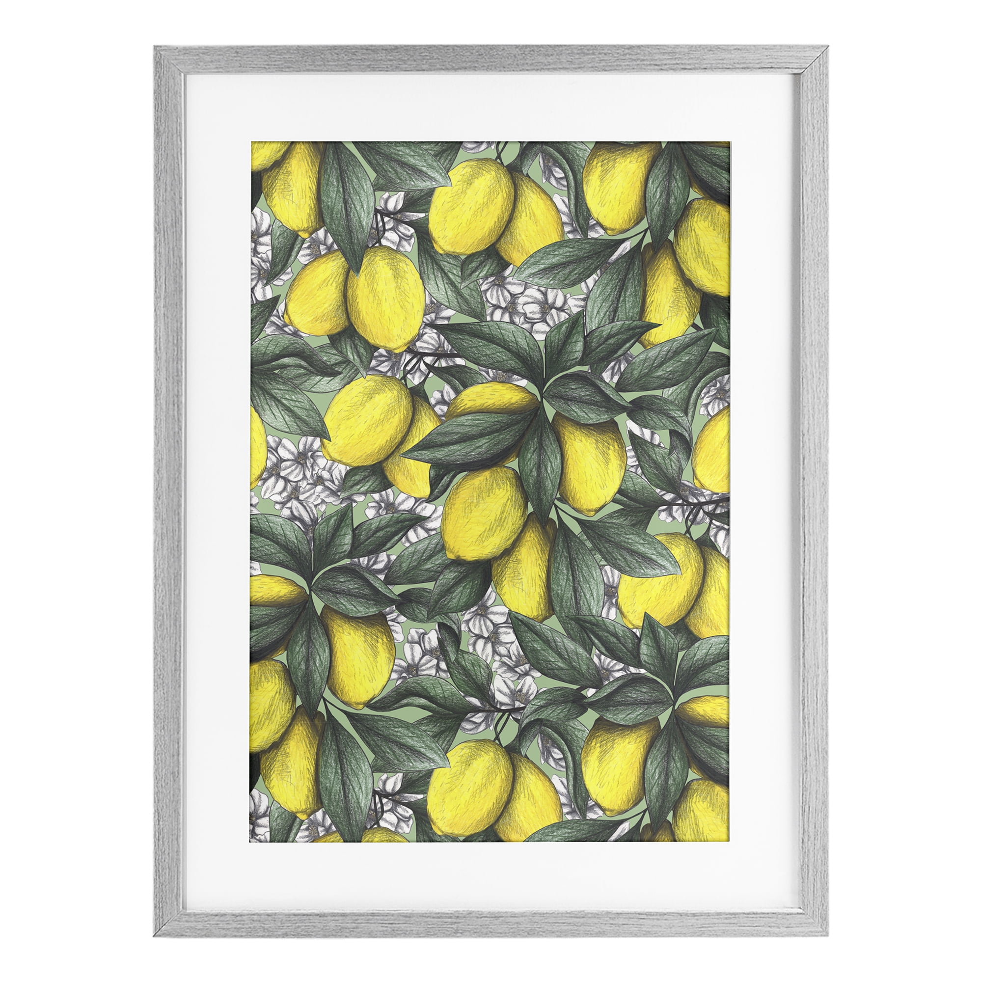 Under The Lemon Tree Gray Framed Print Under Glass, design by Cecilia Battaini
