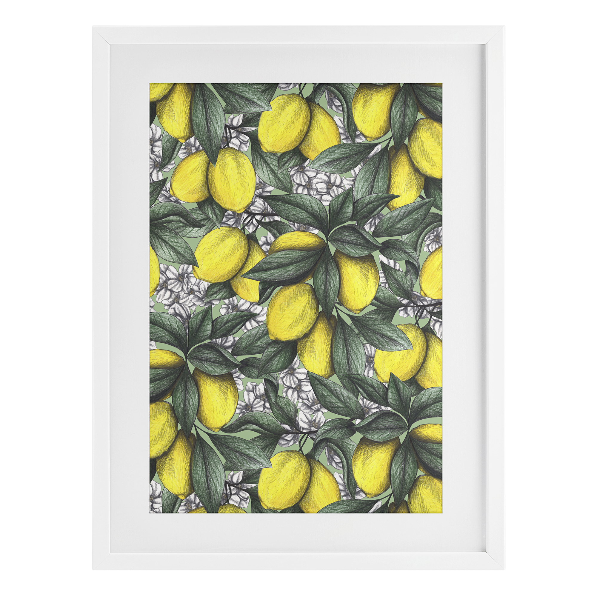 Under The Lemon Tree White Framed Print Under Glass, design by Cecilia Battaini