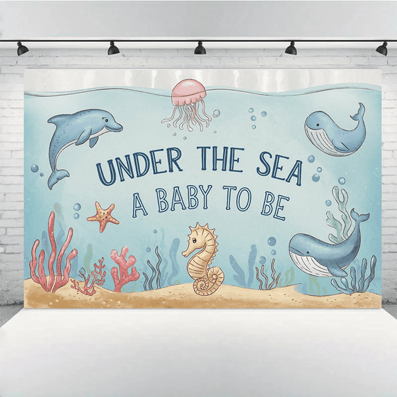 Under The Sea Backdrop Ocean Creatures Shower Decor Marine Life Photo Background for A Baby to Be Celebration Under The Sea Decorations Banner