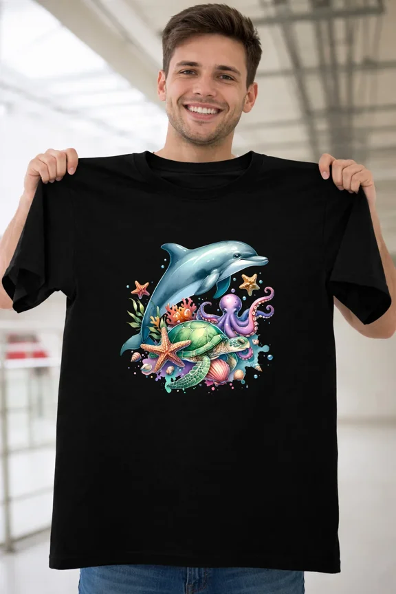 Under The Sea Dolphin Turtle Octopus Summer Vibe Retro Art Unisex T-Shirt V70015, Plus Size Sā5XL Available