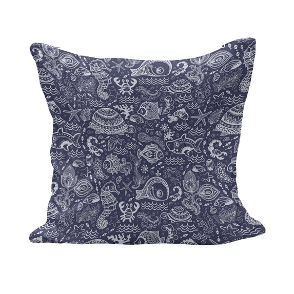 Under The Sea Fluffy Throw Pillow Cushion Cover, Ocean Animals Shells Plants Seahorse Turtle Fishing Theme Art Print, Decorative Square Accent Pillow Case, 20" x 20", Navy Blue White, by Ambesonne