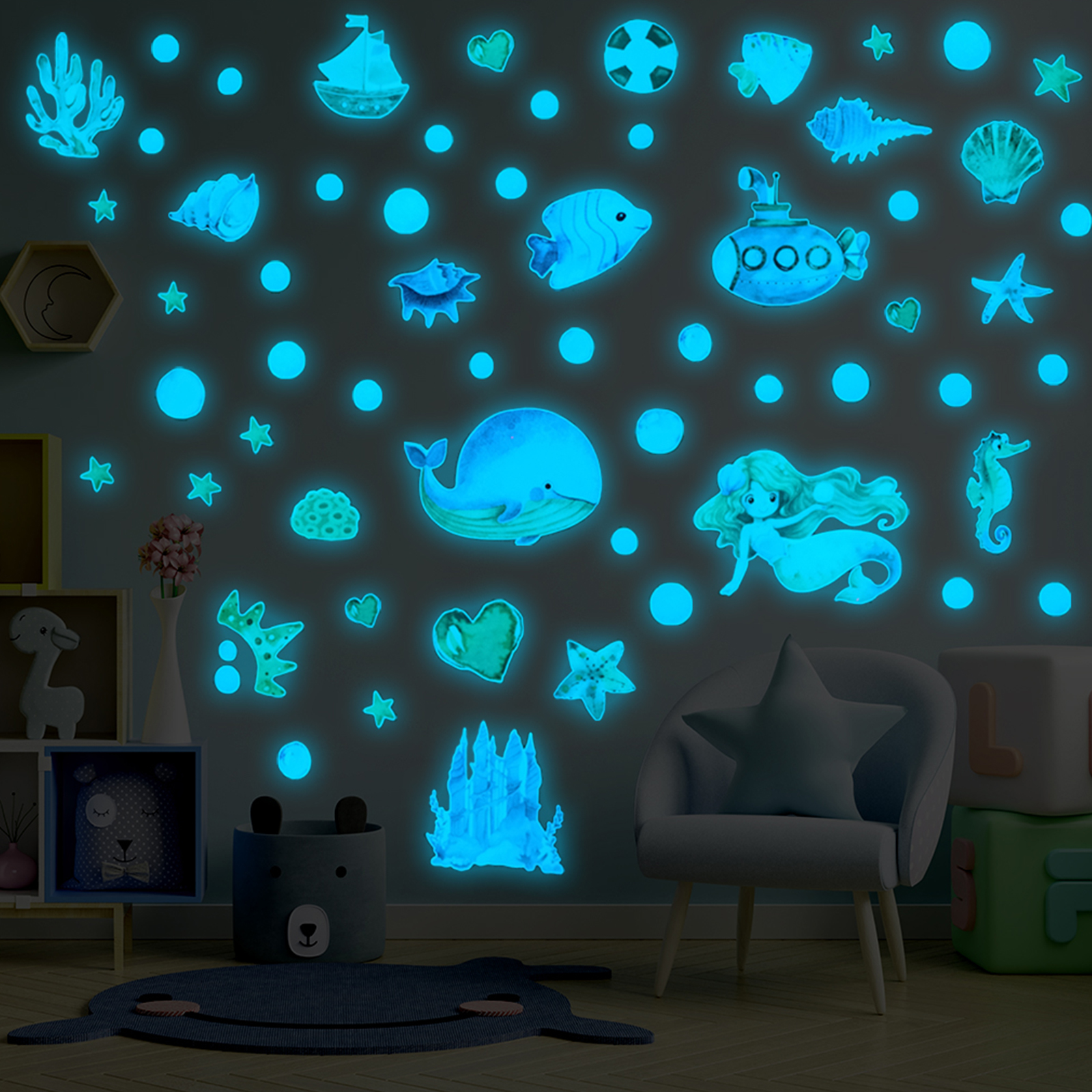 TWSOUL Under The Sea Mermaid and Sea Life Wall Decals, 7.9 x 11.8 in, for Nursery and Bathroom Decor