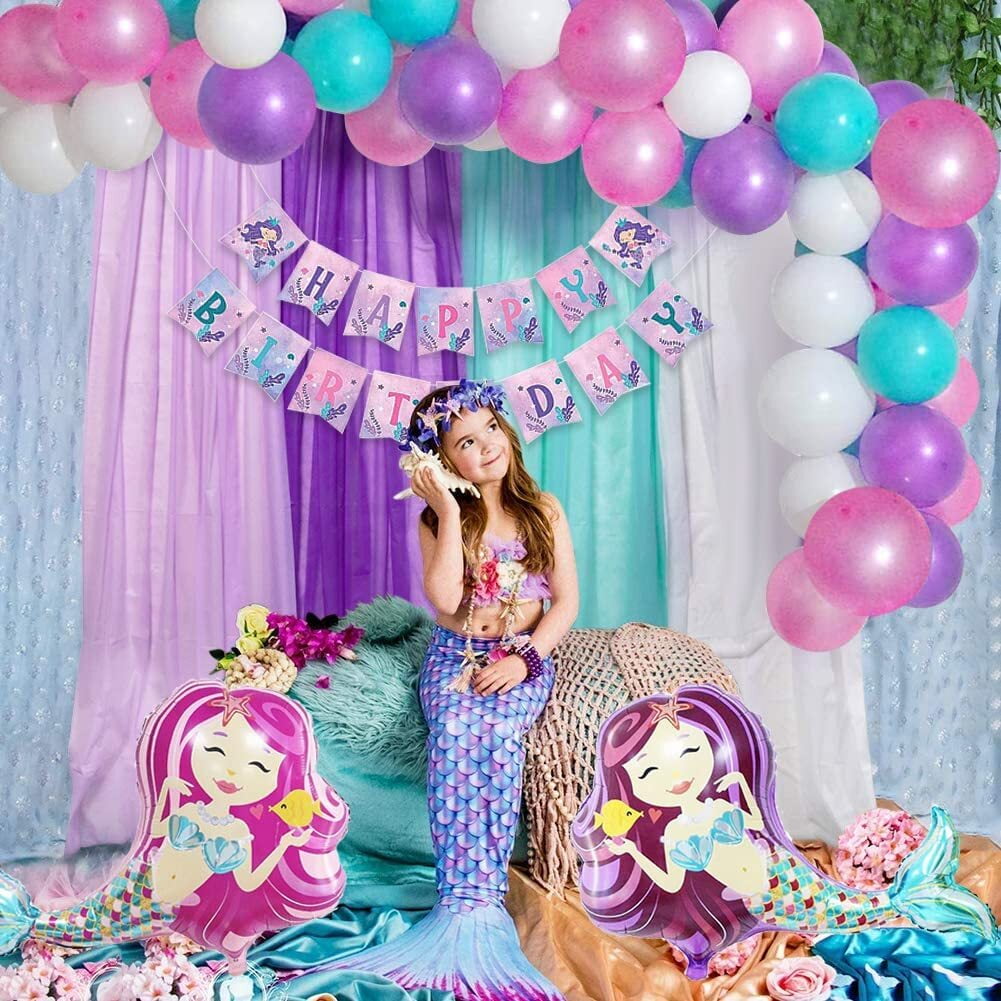Under The Sea Mermaid Party Decorations for Girls Mermaid Party Supplies Mermaid Banner Mermaid Foil Balloons Latex Garland & Arch Kit Blue & Purple Nautical Decor