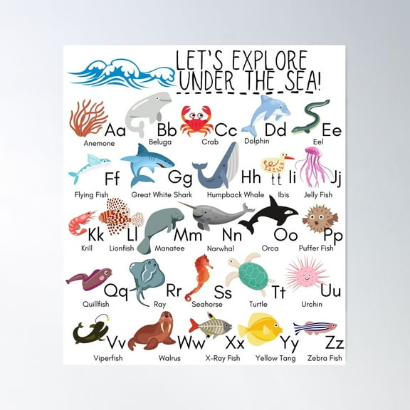 Under The Sea Ocean Animals Alphabet Classroom Abc Poster Wall Art, Modern Wall Decor For Living Room Bedroom, 24x36 UNFRAMED