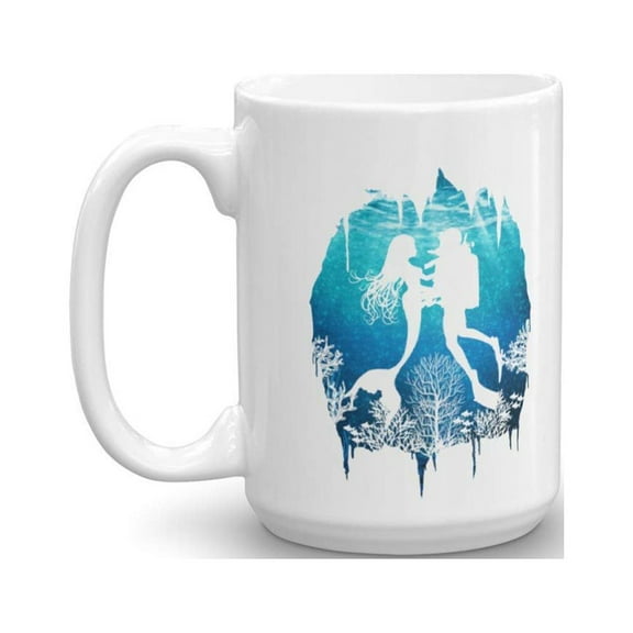 Under The Sea Silhouette Of Scuba Diver Falling In Love With Mermaid Romantic Graphic Novelty Coffee & Tea Gift Mug Cup For Dive Instructor, Free-diver, Master Divers & Men Diving Enthusiasts (15oz)