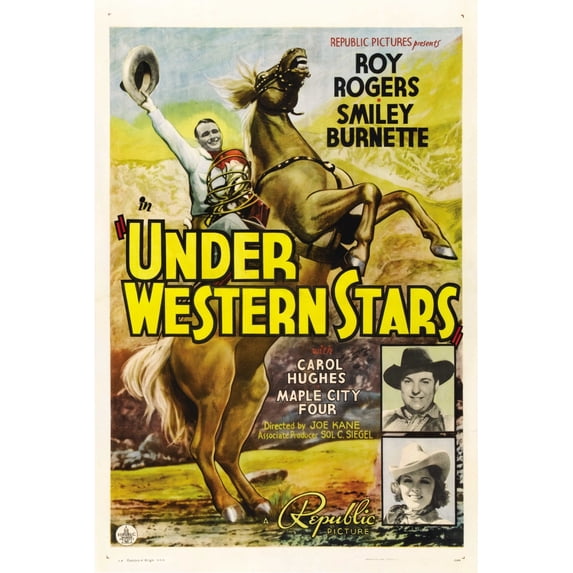 Under Western Stars Left: Roy Rogers Right From Top: Smiley Burnette Carol Hughes 1938. Movie Poster Masterprint (24 x 36)