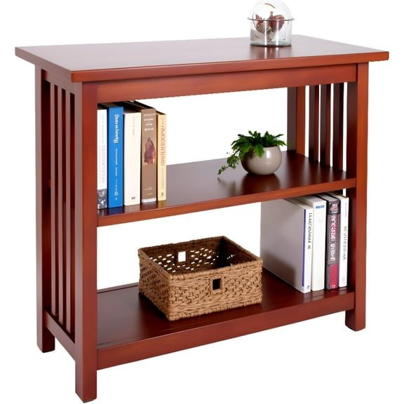 Under Window Bookshelf with Vertical Slat Side Panels Adjustable Two-Shelf Bookcase & Compact Storage Organizer for Office, Living Room, or Study